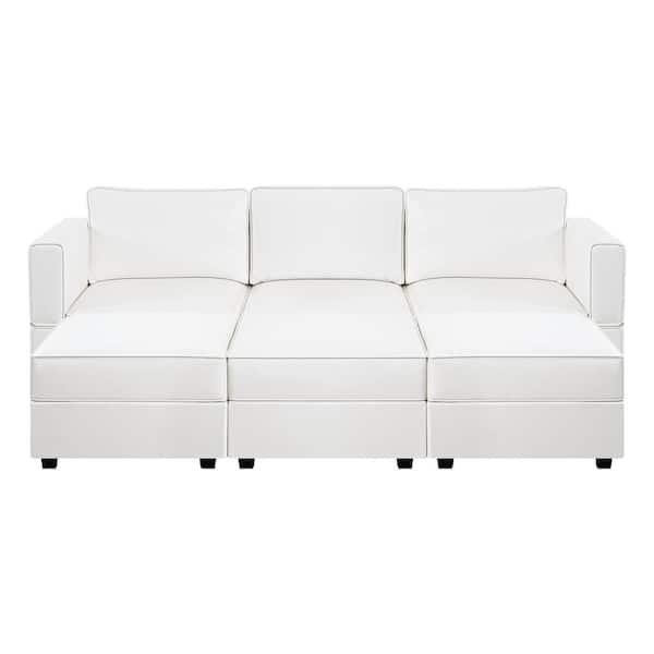HOMESTOCK 87.01 in. W Linen Sofa with Triple Ottoman Streamlined Comfort for Your Sectional Sofa in White