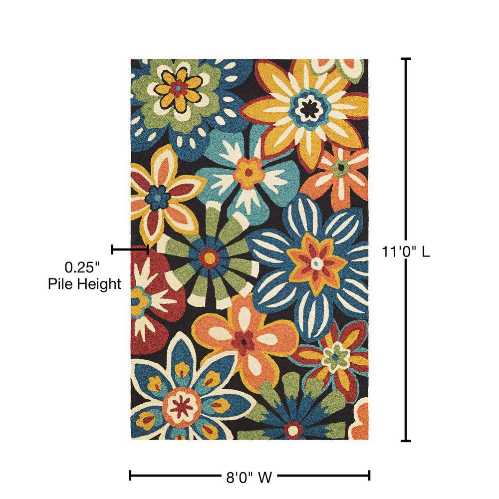 Navy Blue Floral Hand-Hooked Rectangular Area Rug