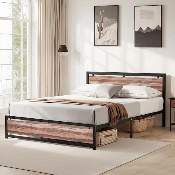 VECELO Industrial Bed Frame Gray Metal Frame King Platform Bed with Black Steel Design, Wood-Look Headboard and Footboard