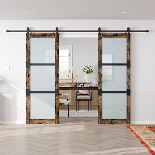 easelife 60 in. x 84 in. (Double 30 in.) 3-Panel Frosted Glass Brown Finished MDF Core Sliding Barn Door with Hardware Kit