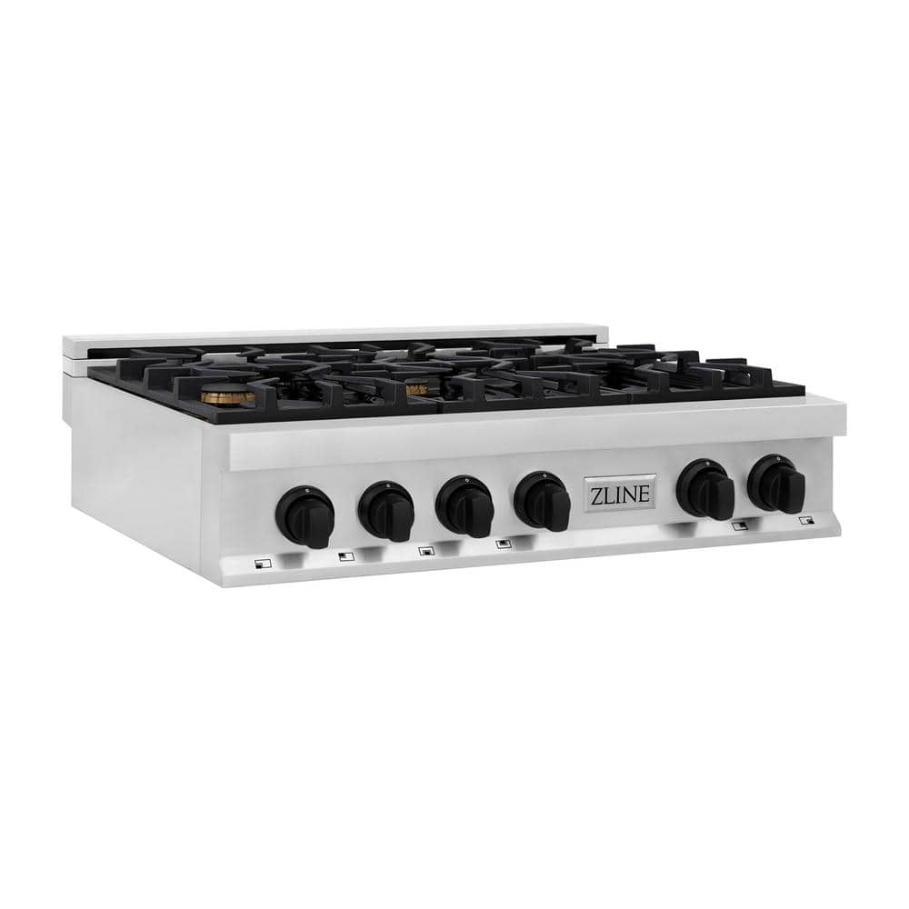 Autograph Edition 36 in. 6 Burner Front Control Gas Cooktop with Matte Black Knobs in Stainless Steel