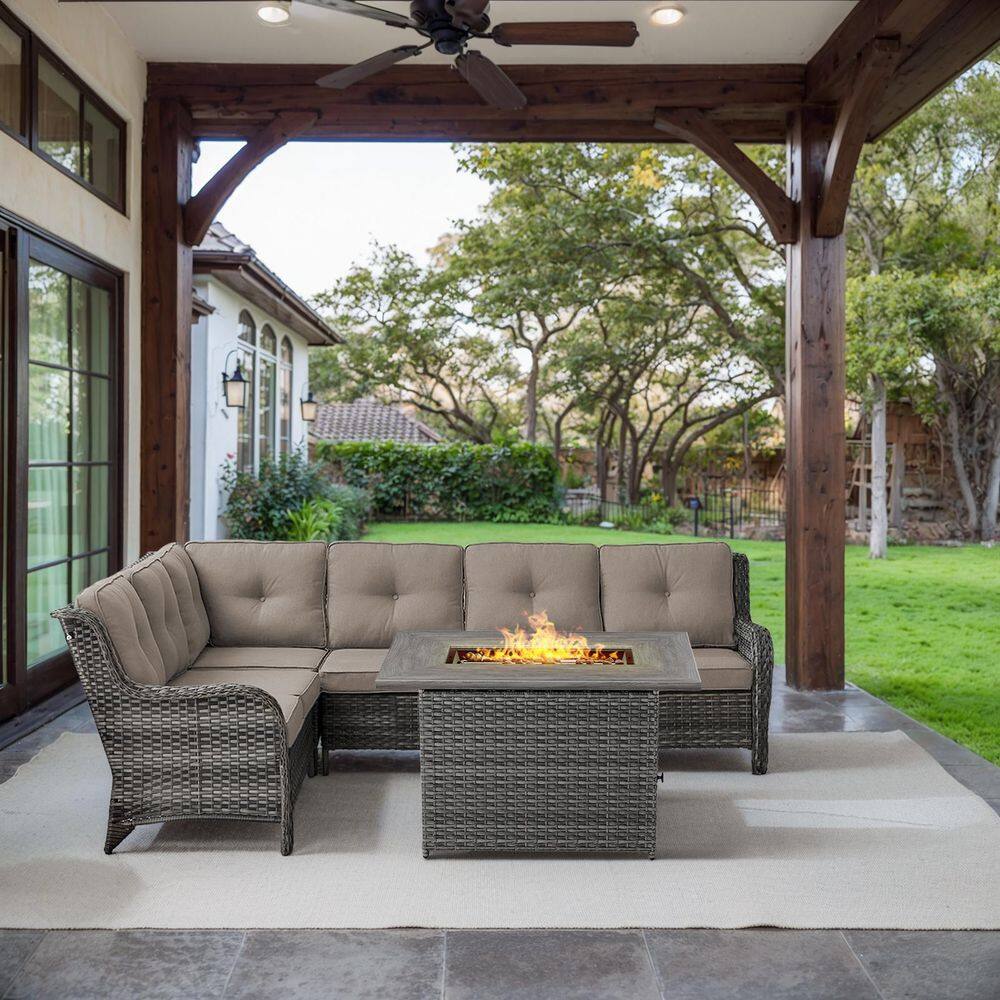Gray 2-Piece Wicker Patio Fire Pit Set, Outdoor 6-Seater Sectional Seating Set with Olefin Gray Cushions price history on PriceWatchPro