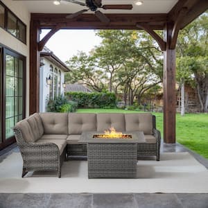 Gray 2-Piece Wicker Patio Fire Pit Set, Outdoor 6-Seater Sectional Seating Set with Olefin Gray Cushions