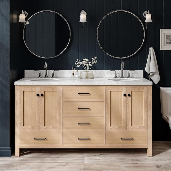 Cambridge 66 in. W x 22 in. D x 36 in. H Double Oval Sink Bath Vanity in Oak with Carrara White Quartz Top