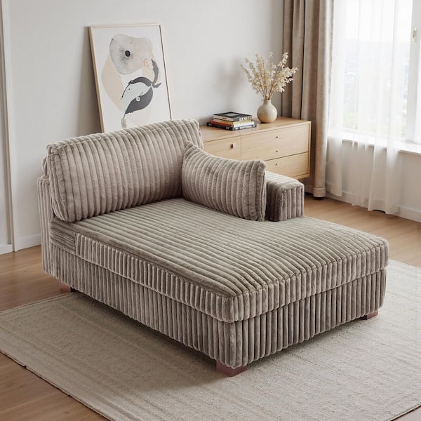 Modern Right Arm Facing Light Brown Faux Rabbit Fur Polyester Upholstered Sectional Chaise Lounge with Wood Frame
