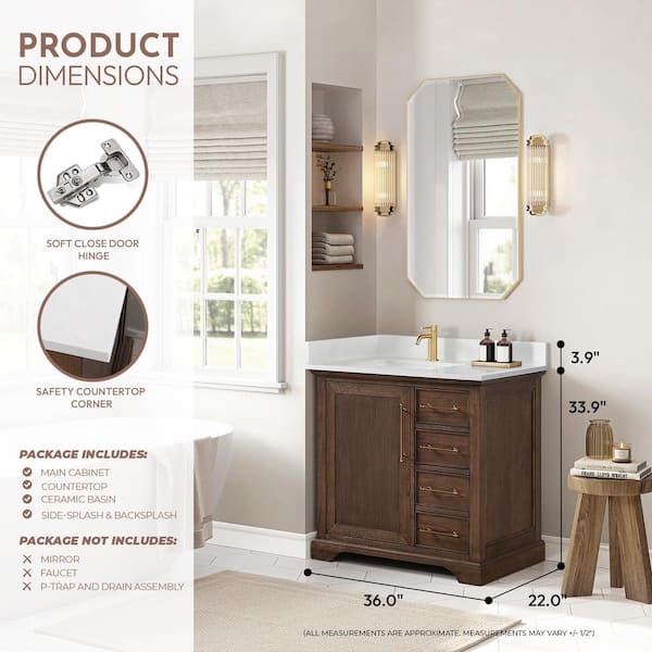 ROSWELL Tokyo 36 in. W. x 22 in. D x 33.9 in. H Single Bath