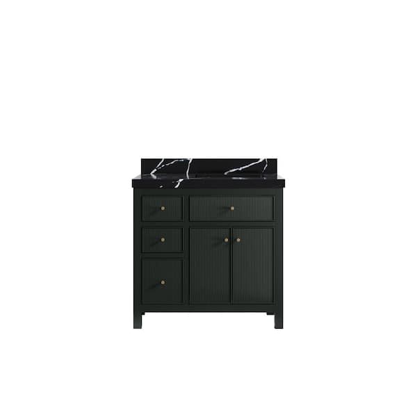 Willow Collections Sonoma 36 in. Right Sink Freestanding Dark Green Bath Vanity with Calacatta Black Quartz Top Unassembled