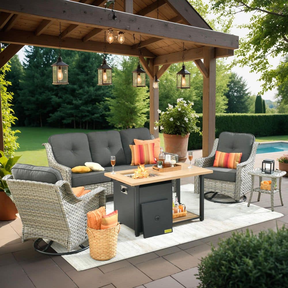 Building Pit Set weaxty W Tulip D Gray 5-Piece Wicker Patio Storage Fire Pit ...