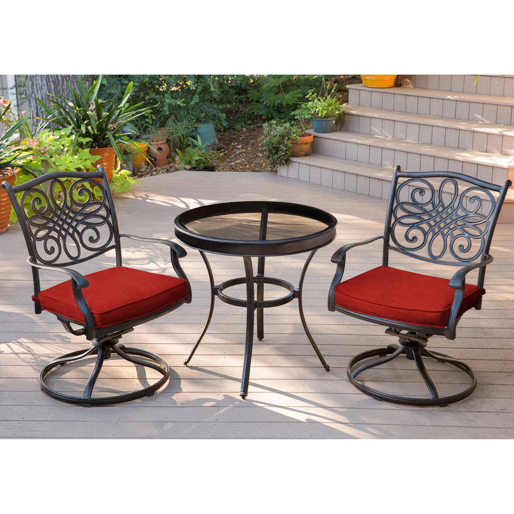 Traditions 3-Piece Outdoor Bistro Set with Swivel Rockers with Red Cushions