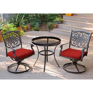 Traditions 3-Piece Outdoor Bistro Set with Swivel Rockers with Red Cushions