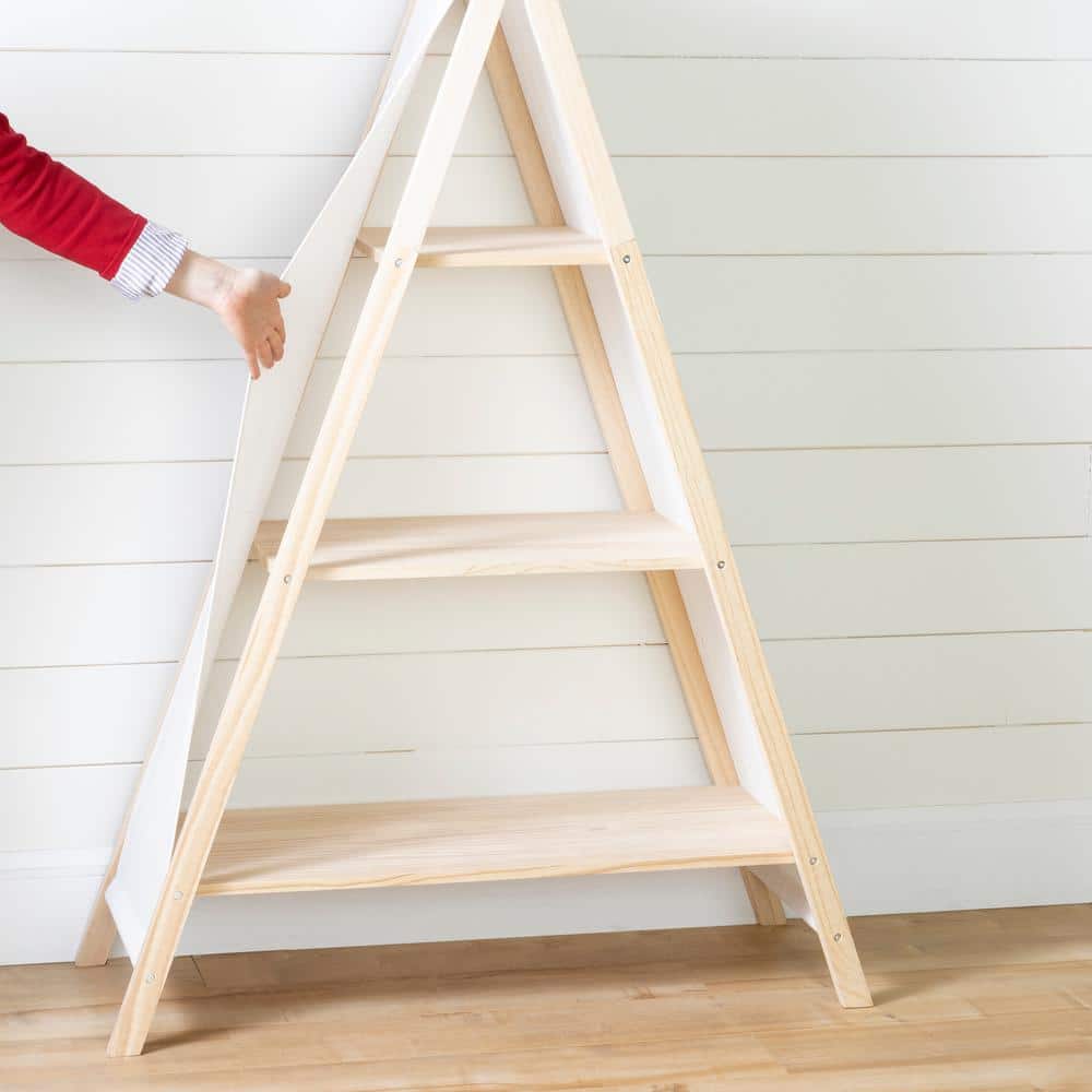 59.25" Natural Pine and White Cotton Teepee Shelving Unit