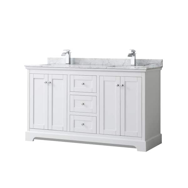 Wyndham Collection Avery 60 in. W x 22 in. D Bathroom Vanity in White with Marble Vanity Top in White Carrara with White Basins