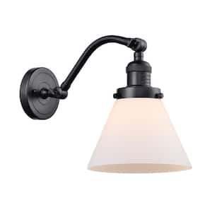 Cone 8 in. 1-Light Matte Black Wall Sconce with Matte White Glass Shade