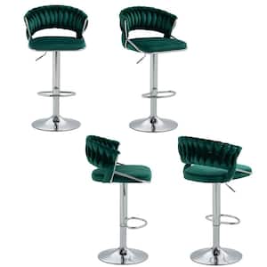 43.15 in. Dark Green Low Back Silver Metal Frame Adjustable Swivel Bar Stool with Velvet Seat (Set of 4)