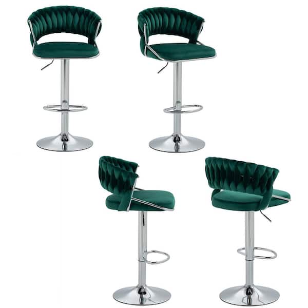 Uixe 43.15 in. Dark Green Low Back Silver Metal Frame Adjustable Swivel Bar Stool with Velvet Seat (Set of 4)