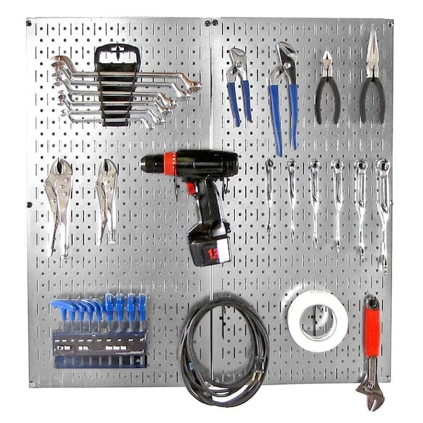 Wall Control 32 in. x 32 in. Shiny Metallic Galvanized Steel Pegboard Starter Kit with Black Hook Pegboard Accessories