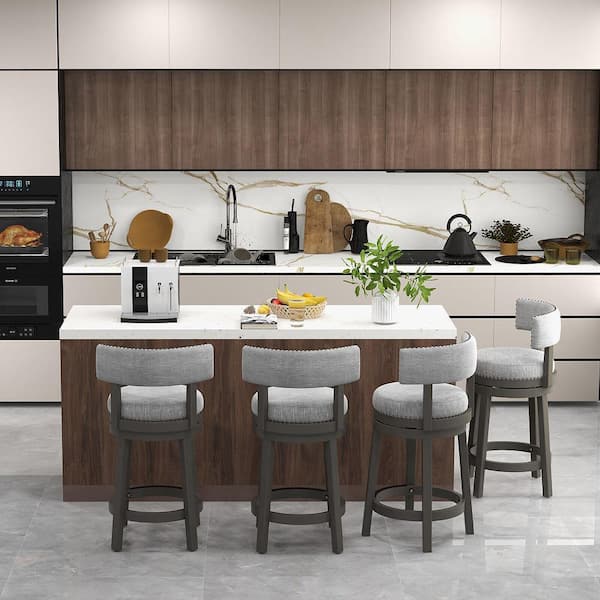26.5 in. Grey Set of 2 Upholstered Swivel Bar Stools Wooden Counter Height Kitchen Chairs