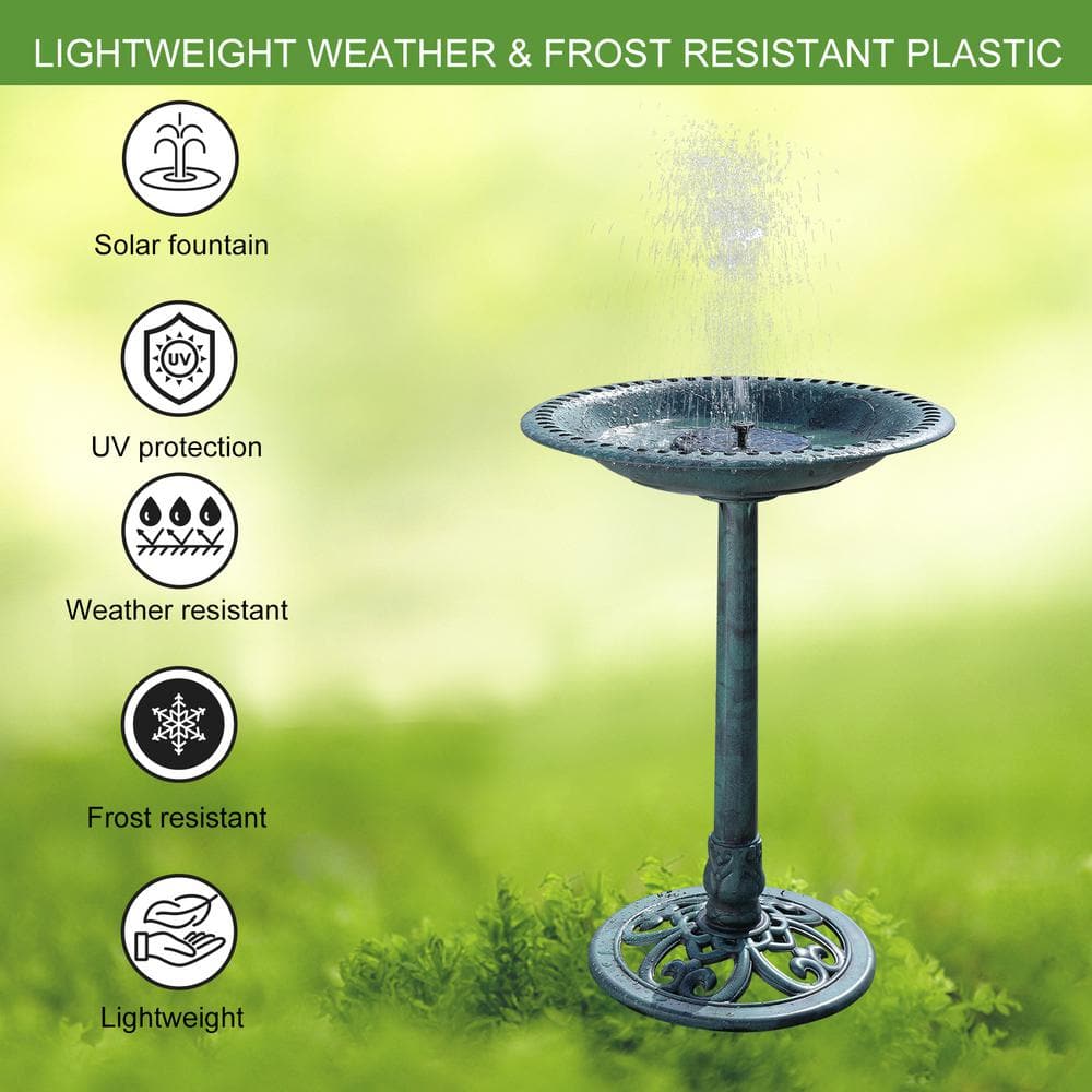 Antique Green 28" Resin Bird Bath with Solar Fountain