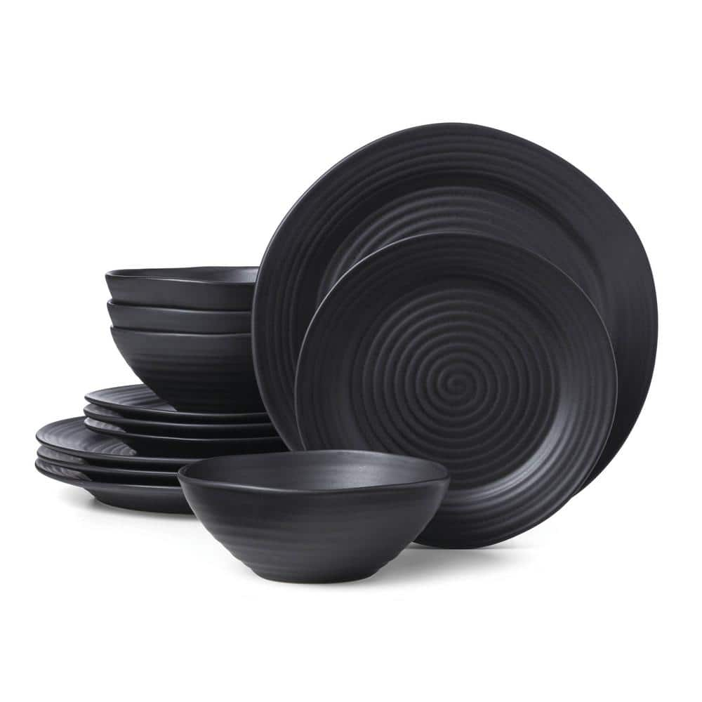 UPC 079363145130 product image for Ridge Black 12-Piece Black Stoneware Dinnerware (Set Service For 4) | upcitemdb.com