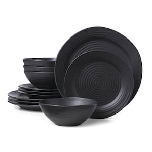 Ridge Black 12-Piece Black Stoneware Dinnerware (Set Service For 4)