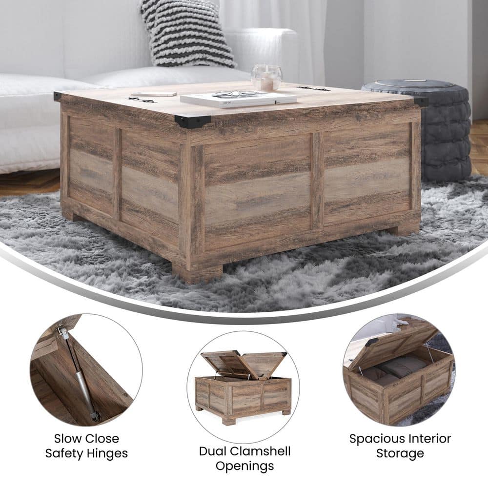 Rustic Gray Wash Square Wood and Metal Lift-Top Coffee Table with Storage