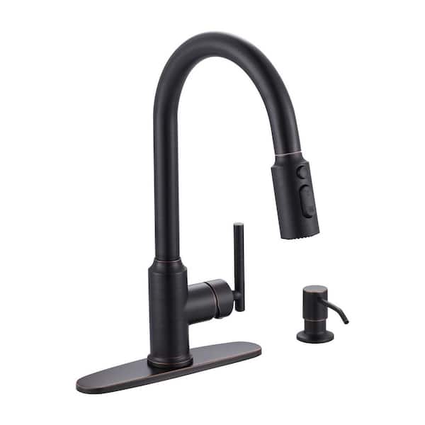 VEVETTA 15.3 in. Single Handle 360° Pull Down Sprayer Kitchen Faucet with Soap Dispenser and Deck Plate in Oil Rubbed Bronze