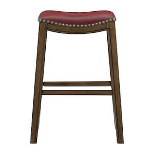 Pecos 30 in. Brown Wood Pub Height Stool with Red Faux Leather Seat