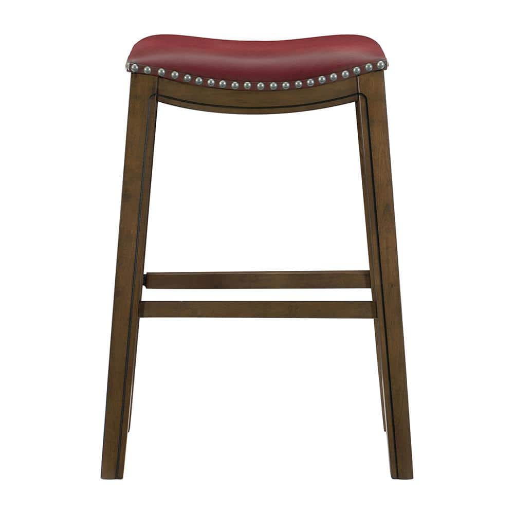 Pecos 30 in. Brown Wood Pub Height Stool with Red Faux Leather Seat