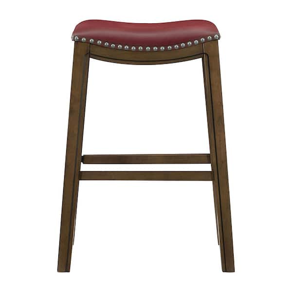 Lazzara Pecos 30 in. Brown Wood Pub Height Stool with Red Faux Leather Seat