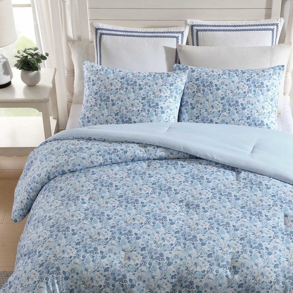 Twin Blue Cotton Reversible Floral Bedding Set