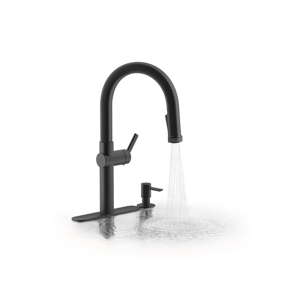 Matte Black Single Handle Pull-Down Kitchen Faucet with Soap Dispenser