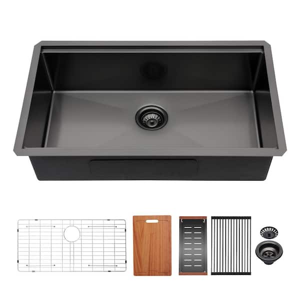 16-Gauge Matte Black Stainless Steel 33 in. Undermount Bar Sink with Workstation