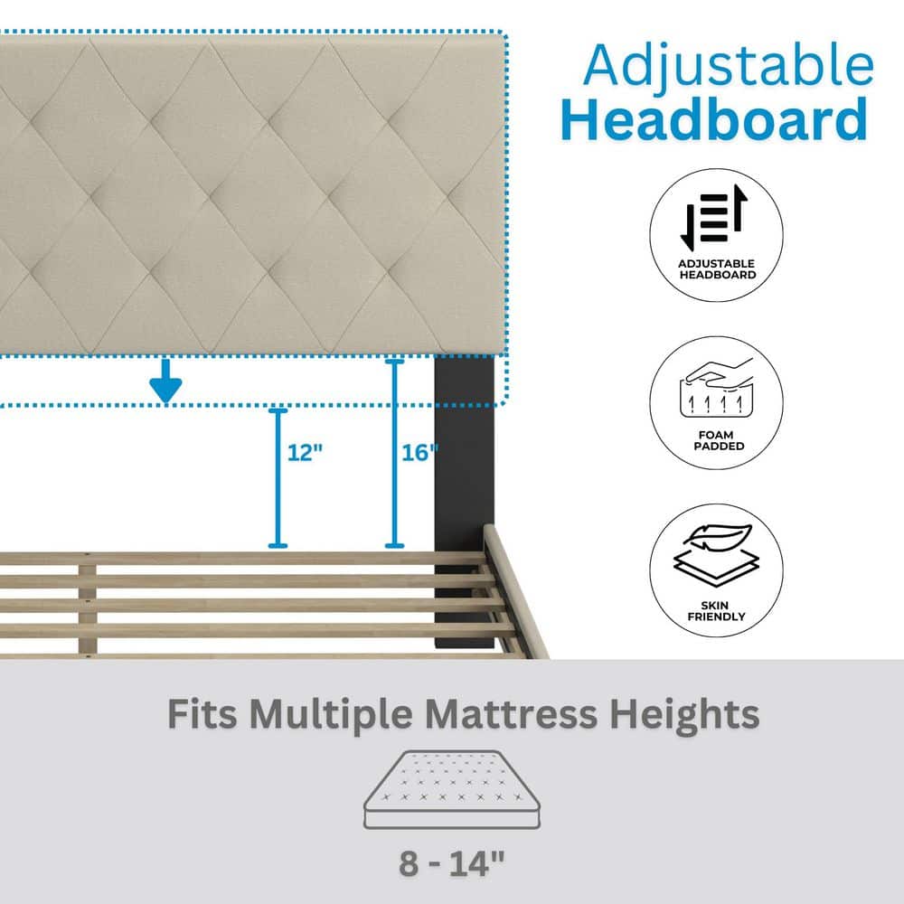 Chloe Gray Linen Upholstered Platform Bed Frame with Tufted Headboard