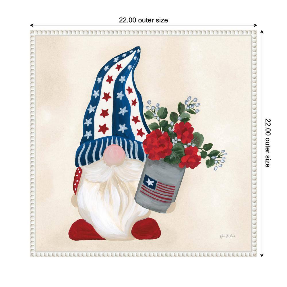 Patriotic Gnome with Red Flowers Canvas Art Print in White Frame