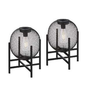 11.5 in. H Set of 2-Metal Mesh Black Solar Powered Outdoor Lantern with Stand (Set of 2)