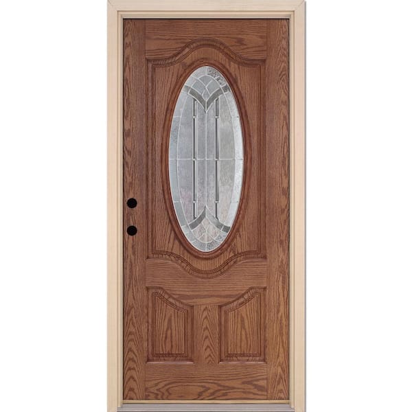 Feather River Doors 37.5 in. x 81.625 in. Pomona Zinc 3/4 Oval Lite Stained Medium Oak Right Hand Inswing Fiberglass Prehung Front Door