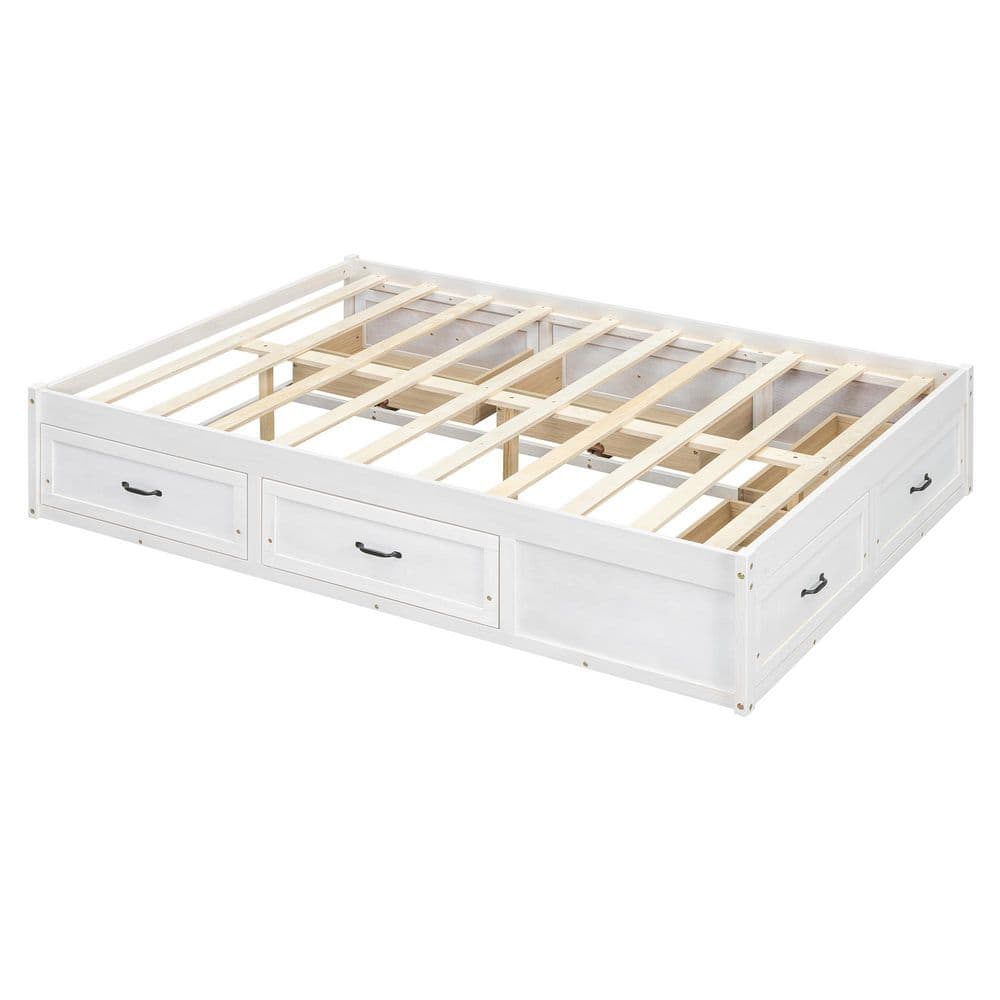 Antique White Wood Frame Queen Size Retro Platform Bed with 6 Storage Drawers - thumbnail 5