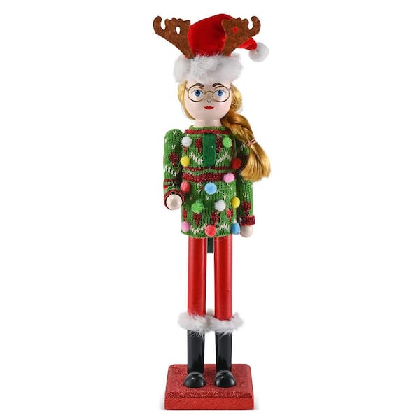 ORNATIVITY 15 in. Wooden Christmas Ugly Sweater Nutcracker -Red and Green Nutcracker Girl with an Ugly Sweater and Reindeer Hat