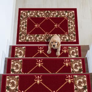 Fleur De Lis Burgundy Red 8.5 in. x 26 in. Polyamide Stair Tread Cover (Set of 13)