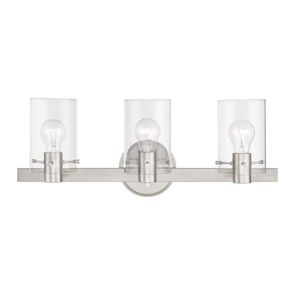 Munich Brushed Nickel 3-Light Vanity with Clear Glass Shades