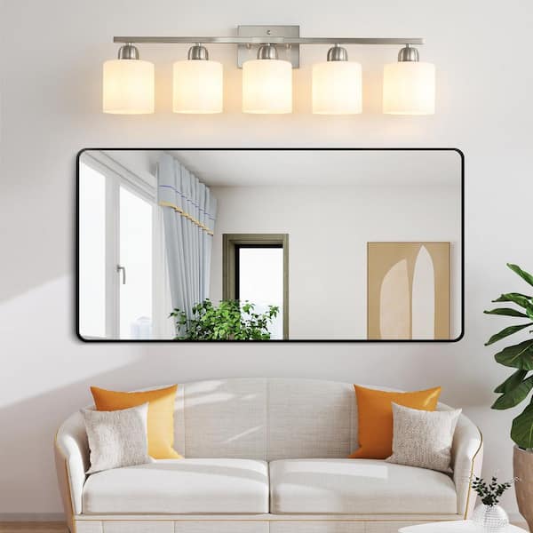 5-Light Modern Brushed Nickel Bathroom Vanity Lighting Light Fixtures with Milky White Frosted Glass Shades