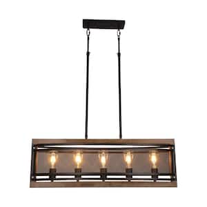 40-Watt 5-Light Black and Brown Rustic Rectangular Kitchen Island Pendant Light with Metal Shade, No Bulbs Included
