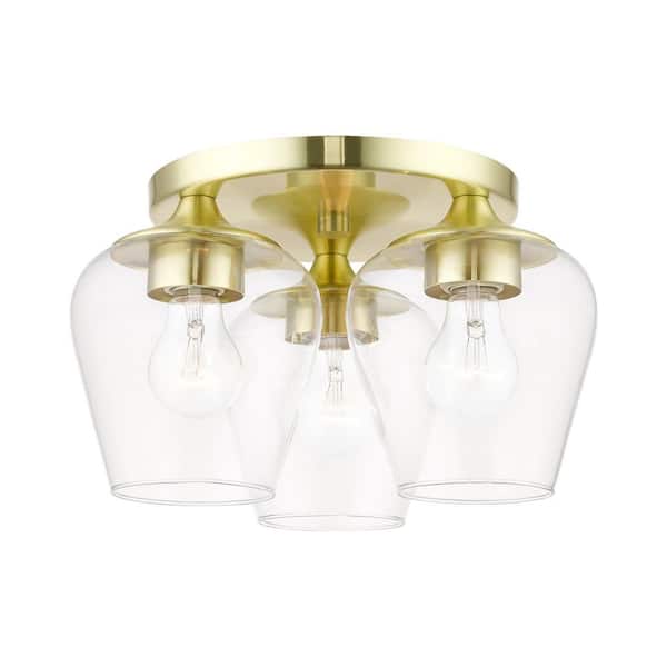 Hillbrook 13 in. 3-Light Satin Brass Flush Mount with Clear Glass Shades