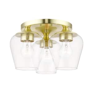 Willow 13 in. 3-Light Satin Brass Flush Mount with Clear Glass Shades