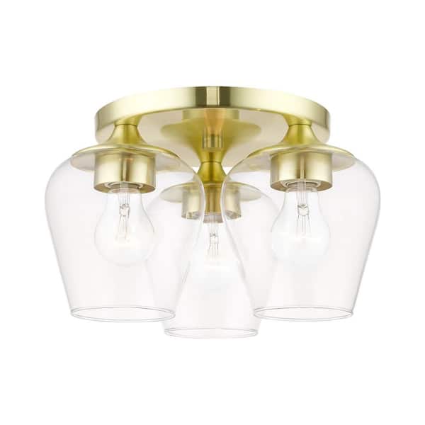 Livex Lighting Willow 13 in. 3-Light Satin Brass Flush Mount with Clear Glass Shades