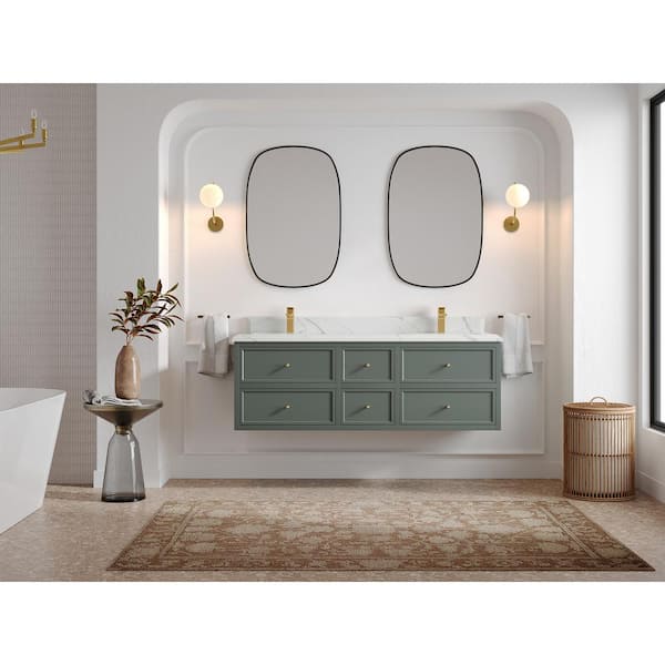 Willow Collections Roswell Floating 60 in. Double Sink Freestanding Pewter Green Bath Vanity with Calacatta Laza Qt. Top Unassembled