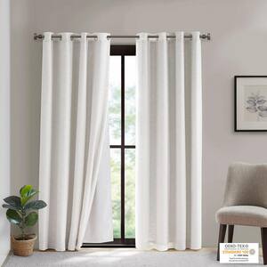 Rami White Printed Cotton 50 in. W x 95 in. L Grommet Top Semi Sheer Window Curtain with Removable Total Blackout Liner