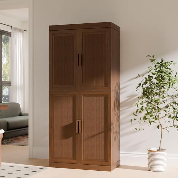 Solid Wood Light Walnut 67 in. H Storage Cabinet with Adjustable Shelves and Rattan Doors