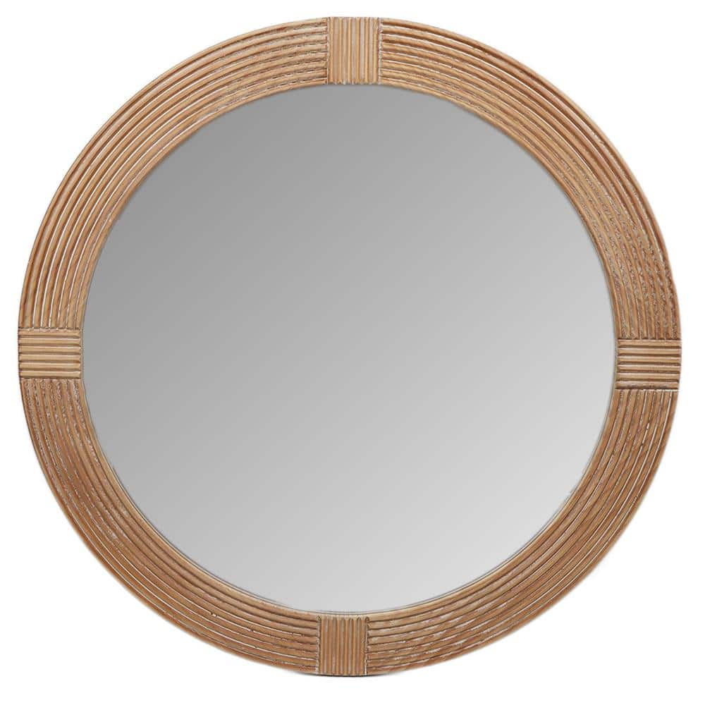 31.5" Round Natural Wood Framed Decorative Mirror