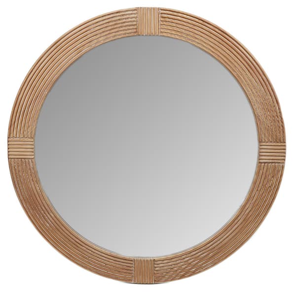 PARISLOFT 31.5 in. W x 31.5 in. H Round Framed Natural Wood Wall Mirror
